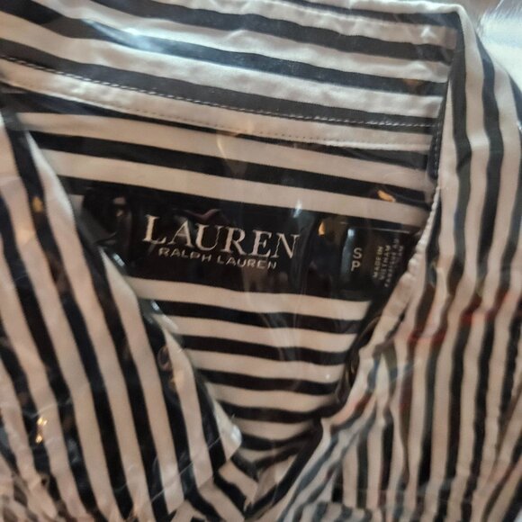 Lauren Ralph Lauren Black & White Striped Long Sleeve Cotton Button-Up Shirt Wit - Picture 16 of 16